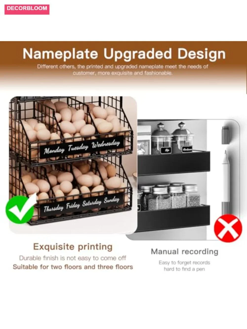 3 Tier Stackable Egg Holder with Dividers & Labels, Wall Mountable Carbon Steel